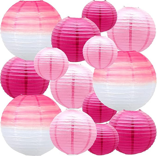 14 PCS Paper Lanterns, Gradient Colorful Pink Round Paper Lanterns Decorative Lantern Lamps, Hanging Lantern Chinese Tissue Indoor Room Outdoor Party Supplies Decoration
