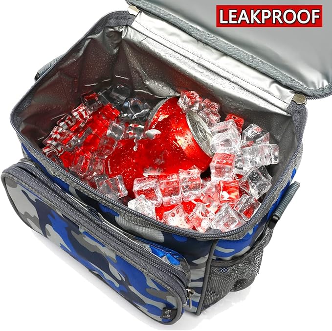 FlowFly Insulated Reusable Lunch Bag Adult Large Lunch Box for Women and Men with Adjustable Shoulder Strap,Front Zipper Pocket and Dual Large Mesh Side Pockets,BlueCamo