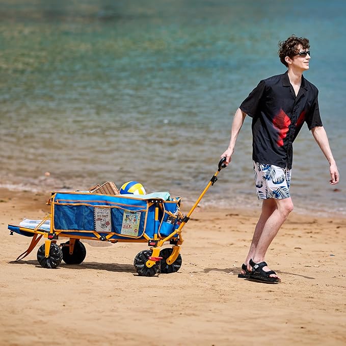 49" L Extra Long Beach Wagon with Tailgate,Big Wheels with Brake for Sand, Collapsible Utility Beach Cart Heavy Duty Folding Wagon,Ideal for Outdoor Sand Camping Garden Pet
