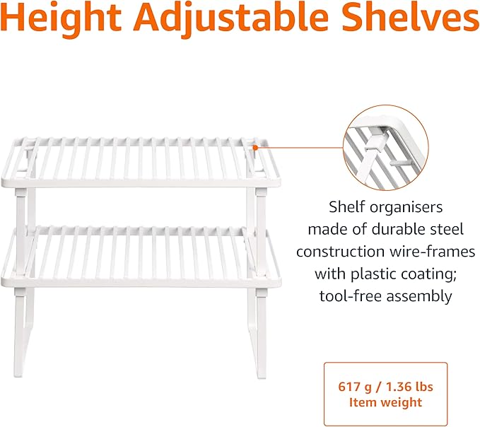 Amazon Basics Stackable Metal Kitchen Storage Shelves for Dishes, 12.5" L x 8" D x 4.5" H, Set of 2, White