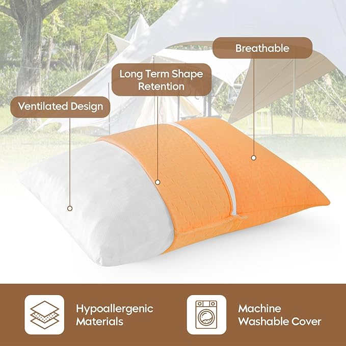 Small Shredded Memory Foam Pillow, Camping Pillow Travel Pillow - Compressible Medium Firm, Breathable Cover, Ideal Backpacking Hiking, Airplane and Car (Apricot Yellow, L)