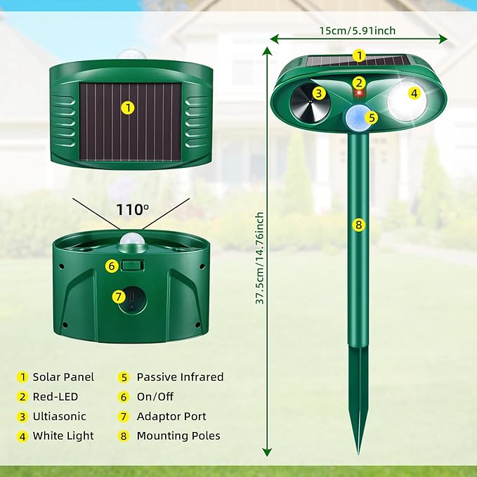 2025 Upgraded Solar Animal Repellent Outdoor Cat Deterrent Deer Repellent Devices with Motion Sensor & Flashing Light,Ultrasonic Control for Squirrel Raccoon Dog Rabbit Skunk for Yard Garden,4 Pack