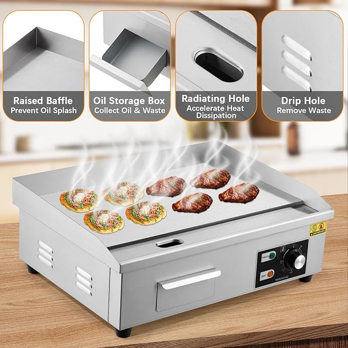 GarveeHome 21 In Commercial Electric Griddle,110V 1600W Electric Restaurant Teppanyaki Flat Top Grill With Shovels & Brushes, Non-Stick Countertop Griddle, Adjustable Temperature Control 122°F-572°F