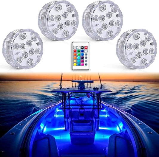 Boat Lights Wireless Battery Operated, Waterproof Marine Led Light for Deck Courtesy Interior Lights, Fishing Kayak Duck Jon Bass Boat, RGB Multi Color Remote Controlled, 4pcs