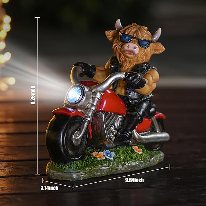 Decorative Highland Cow on Motorcycle Statue with LED Headlight - Rustic Outdoor Garden Ornament, Biker Cow Figurine for Yard, Patio, or Home Decor Gifts