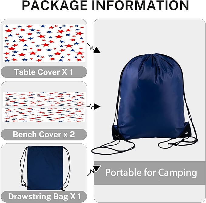CAPSCEOLL Picnic Table Cover with Bench Covers 8Ft 4Th of July Waterproof Camping Tablecloth All-Weather Outdoor Table Protector with Drawstring Bag for Camping Essentials, 96X30In, Stars
