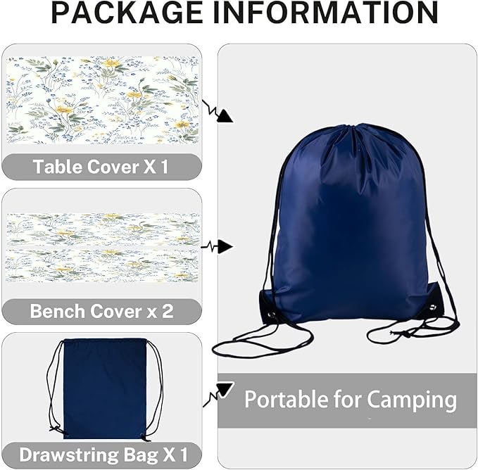 CAPSCEOLL Picnic Table Cover with Bench Covers 8Ft Wind & Water-Resistant Camping Tablecloth Outdoor Table Protector with Drawstring Bag for Camping Essentials, 96X30In, Blue Yellow Flowers