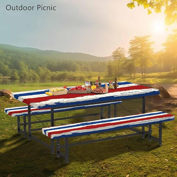 CAPSCEOLL Fitted Picnic Table Cover with Bench Covers with Elastic 6Ft Waterproof Camping Picnic Table Cover Cloths for Outdoors Camping Tablecloth with Drawstring Bag, 72X30in, Red Blue