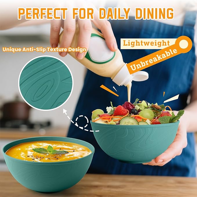 Homienly Wheat Starw Bowls, Bowl Set, Large Cereal Bowls, Serving Bowl Set of 6, Microwave and Dishwasher Safe, 40 OZ, Large Bowl for Salad, Soup, Ramen, Fruit,Dinner, Reusable, Stackable - Green