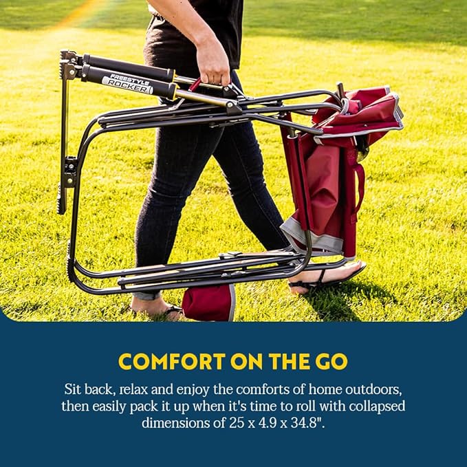 GCI OUTDOOR Freestyle Rocker Camping Chair | Portable Folding Rocking Chair with Solid, Durable Armrests, Drink Holder & Comfortable Backrest — Cinnamon