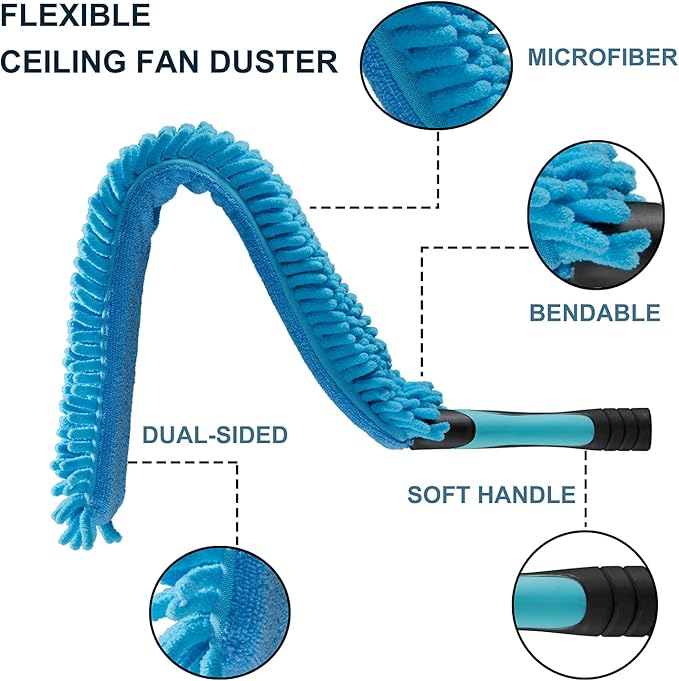 25 Foot High Ceiling Fan Duster with 6-18 Foot Extension Pole, Extendable Reusable Cobweb, Feather, Window Cleaning Squeegee Kit