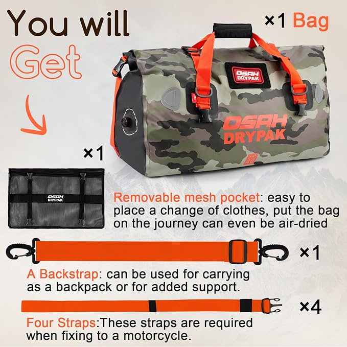 Waterproof Duffel Bag - Motorcycle Dry Bag Tail Bag with Large Storage Space, Waterproof Luggage Duffle Bags with Outer Mesh Zipper Pocket for Camping, Kayaking, Fishing & Traveling