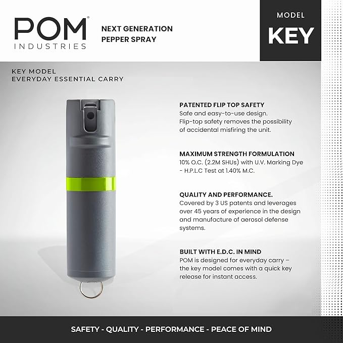 POM Pepper Spray Combo Pack, Keychain & Clip Model, Max Police Strength OC Formula, Quick Key Release, Flip Top Safety, 10 ft Range, 25 Bursts, 0.5 fl oz, Compact Tactical Design for Everyday Carry