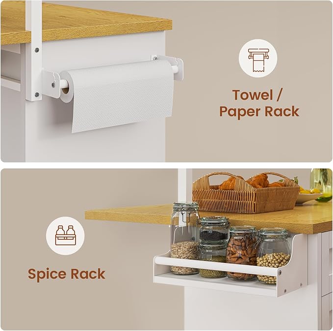Itaar Rolling Kitchen Island Table on Wheels with Drop Leaf, 40" Mobile Kitchen Carts with Trash can Storage, Storage Cabinet, Drawer, Spice/Towel Rack, White