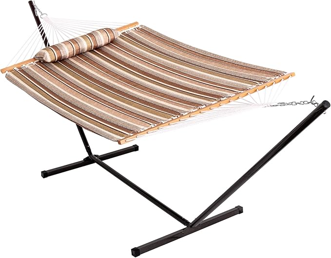 Lazy Daze Hammocks Quilted Fabric Hammock with 12 Feet Stand, 2 People Double Hammock with Stand for Outdoor Indoor Patio Garden Backyard, 450 lbs Capacity, Olive Green&Taupe Stripes