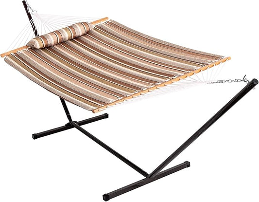 Lazy Daze Hammocks Quilted Fabric Hammock with 12 Feet Stand, 2 People Double Hammock with Stand for Outdoor Indoor Patio Garden Backyard, 450 lbs Capacity, Olive Green&Taupe Stripes
