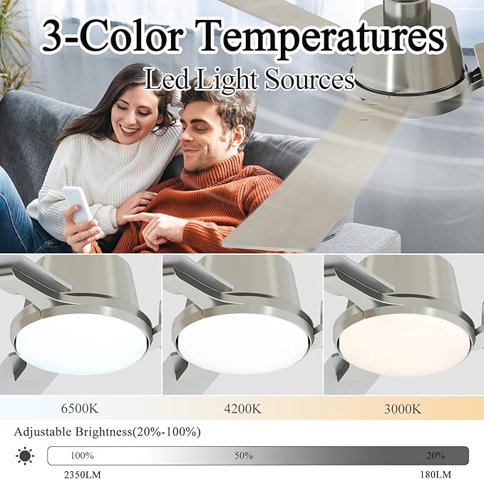 52 Inch Ceiling Fans with Lights,Low Profile Ceiling Fan,Modern Flush Mount,Reversible 6 Speeds,3CCT Dimmable Noiseless Ceiling Fans for Living Room,Bedroom and Patio,ETL Listed