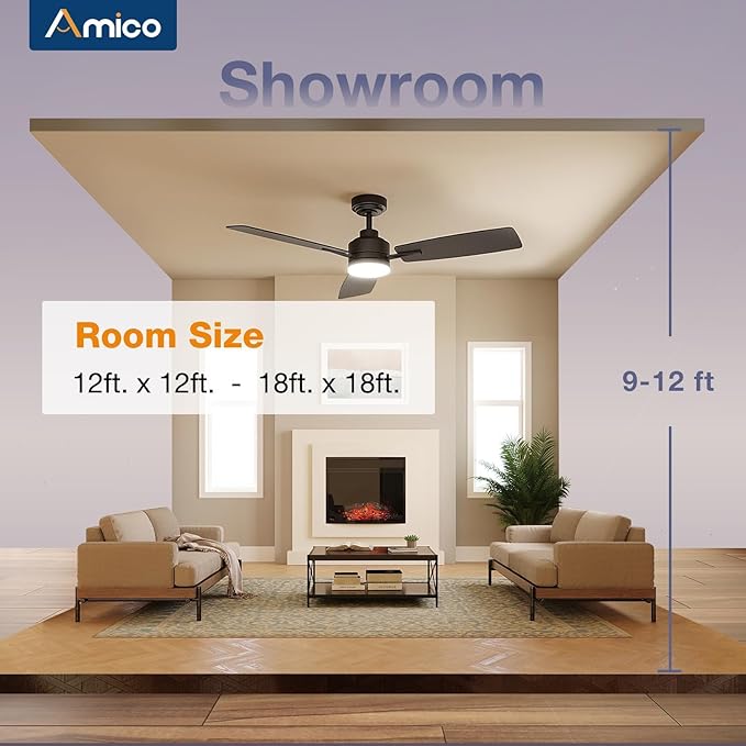 Amico Ceiling Fans with Lights, 52 Inch Ceiling Fan with Light and Remote Control, Black Fan, Reversible, 3CCT, Dimmable, Noiseless, Ceiling Fan for Bedroom, Indoor/Outdoor Use