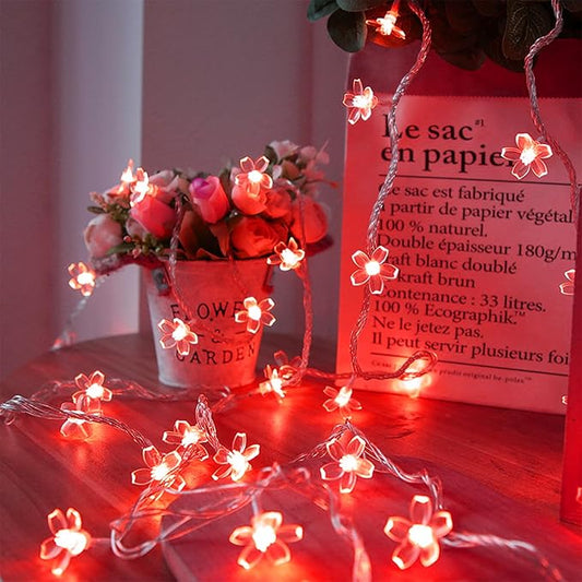 Battery Lighted & USB Plug in Fairy Flower String Lights, 10ft 30 LED Cute Cherry Blossom Lights with Timer Indoor Bedroom Party Wedding Christmas Easter Tree Branch Hanging Decorations (Red)