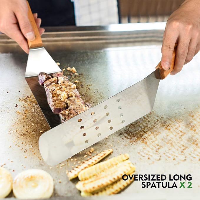 HOMENOTE Griddle Accessories Kit, 7Pc Professional BBQ Kit in Gift Box - Heavy Duty Wooden Handle Stainless Steel Griddle Tool Set Great for Grill Flat Top Cooking Camping, Wood Color