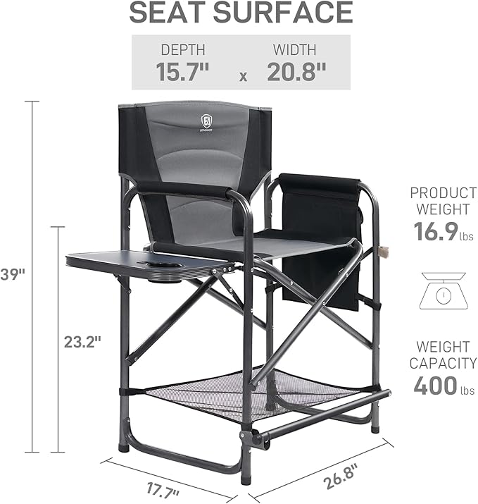 EVER ADVANCED Medium Tall Directors Chair Foldable Makeup Artist Chair Bar Height with Side Table Cup Holder and Pocket Footrest, Supports 400LBS (Grey, Seat Height: 23.2 inches)