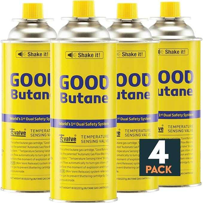 8oz Butane Fuel Canisters Cylinders with Dual Safety System for Portable Gas Stove, Camping Stoves, Gas Burners, UL Listed, Made in Korea (4 Pack)