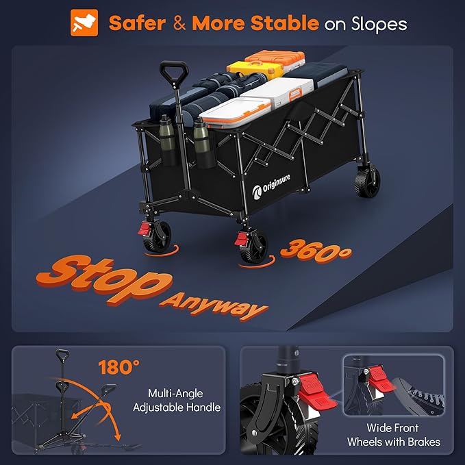 38" L Collapsible Wagon Cart Foldable, 360LB Load Capacity 220L Heavy Duty Folding Beach Wagons with All-Terrain Wheels, Utility Carts for Camping, Sports, Shopping, Groceries - Black