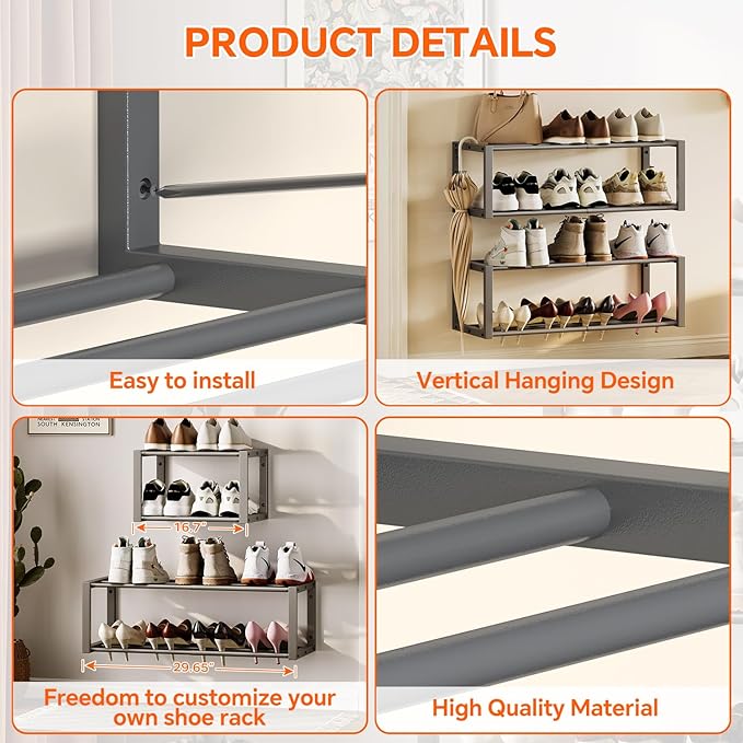 Homeiju Hanging Shoe Organizer,2 Pack Wall Mounted Shoe Rack Holds 12 Pairs,Space Saving Metal Wall Shoe Rack,Hanging Shoe Rack Shoe Holder for Small Space,Entryway,Closet,RV,Camper (Grey)