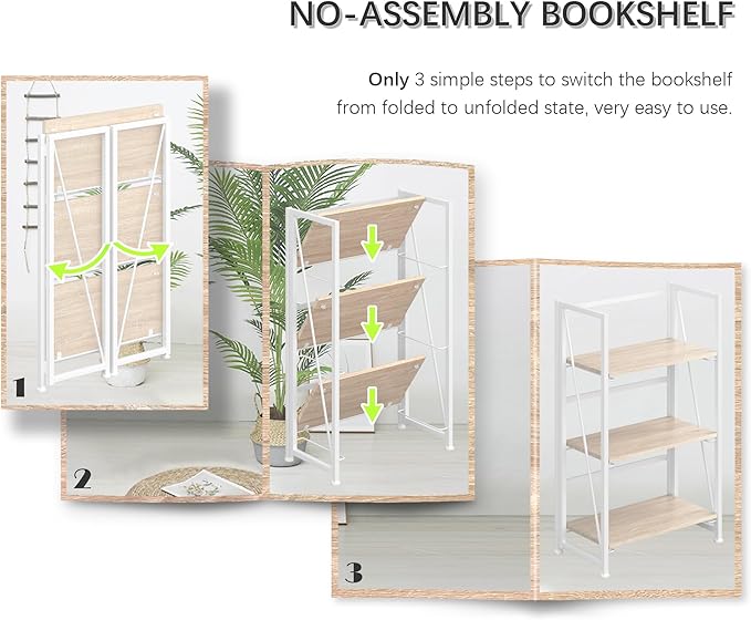 4NM No-Assembly Folding Bookshelf Storage Shelves 3 Tiers Vintage Bookcase Standing Racks Study Organizer Home Office (Natural White)