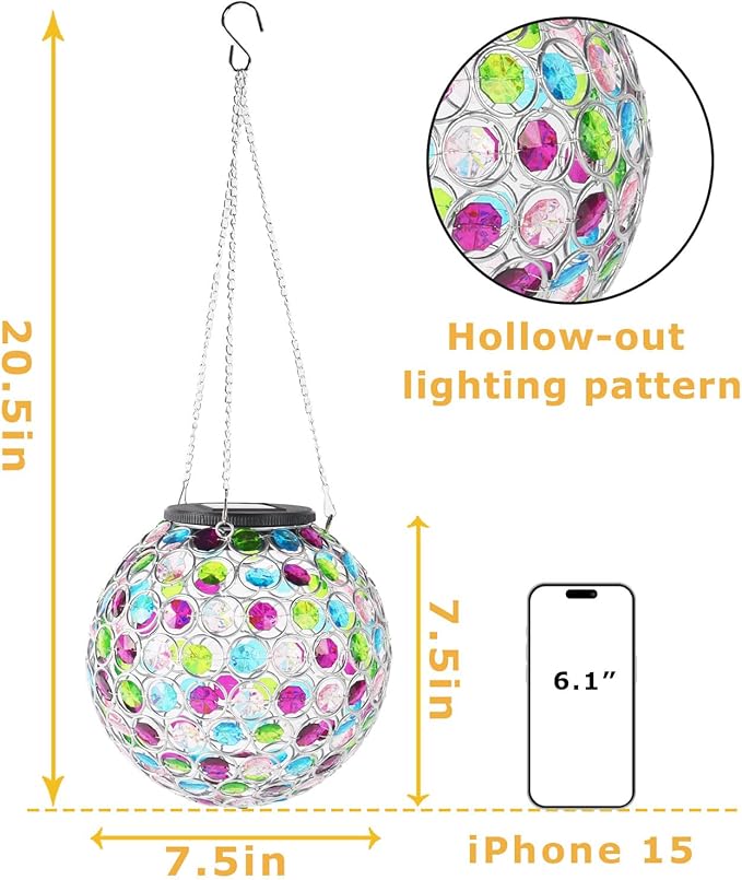 Solar Hanging Lantern Outdoor Lights, Dual LEDs Color Changing and Cool White Hanging Light Waterproof Crystal Globe Lamp Decoration in Garden, Pathway, Front Door - Multi Color