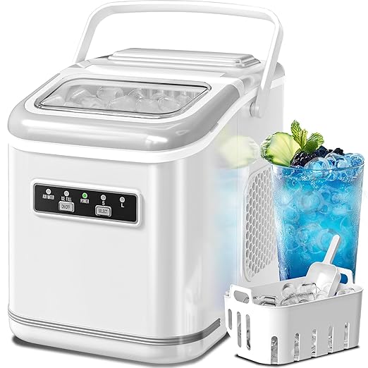 Ice Maker Machine Countertop Portable Compact Small Bullet Ice Maker with Self Cleaning,9 Cubes in 6 Mins,26lbs in 24Hrs, for Camping Dorm Home Outdoor (White)