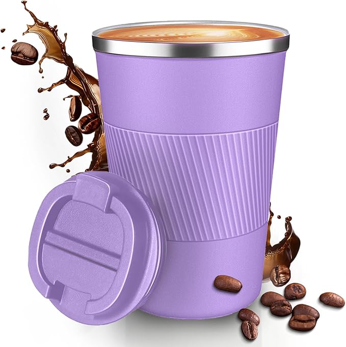 12OZ Travel Coffee Mug Insulated Coffee Cup with Spill Leak Proof Lid, Portable Stainless Steel Tumbler Reusable Hot and Cold Water Mug for Car, Daily, Camping- Purple
