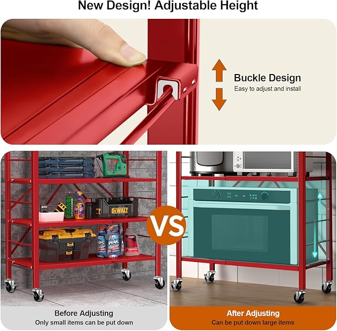 Himix 6 Tier Foldable Storage Shelves, Expandable Folding Bookshelf with Wheels, Changeable into 2 Shelf Units, Collapsible Adjustable Storage Rack Metal Shelves for Garage Kitchen, Basement, Red