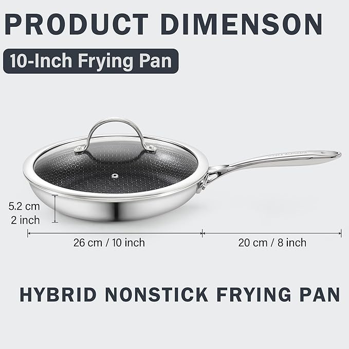 Cooks Standard Hybrid Nonstick Frying Pan, 10-Inch Skillet, Multi-Ply Clad Stainless Steel Fry Pan with Tempered Glass Lids, Oven Safe, Compatible with All Stovetops