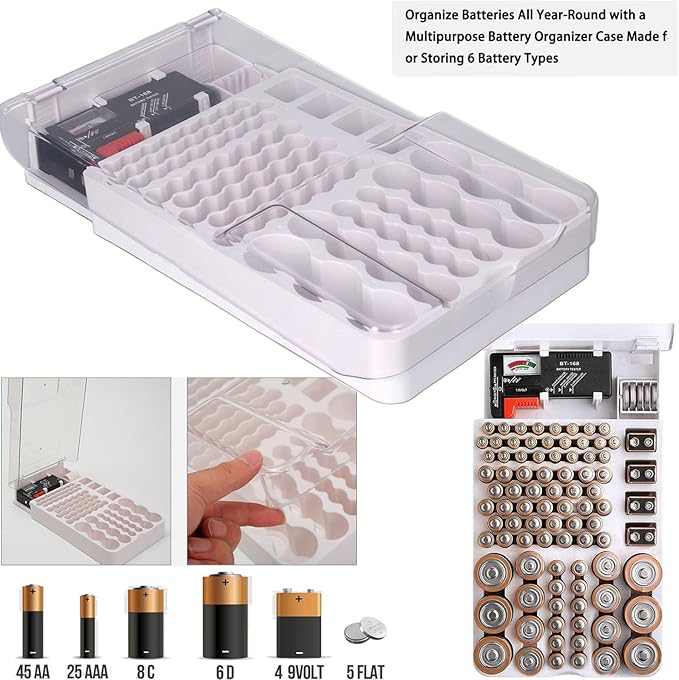 Battery Organizer Storage Box with Tester,Clear Lid Battery Organizer Storage Case Holder Holds 93 Batteries Battery Storage Box Battery Carrying Case（Batteries are Not Included）