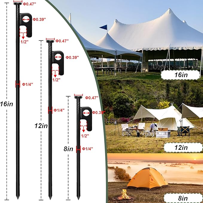 16Pcs Tent Stakes, 16in Heavy Duty Tent Stakes with Storage Pouch, Forged Steel Tent Sakes Metal, Metal Stakes for Tent Used on Grassland, Snowfield, Dessert(16Pcs, 16in, Diameter 1/4")