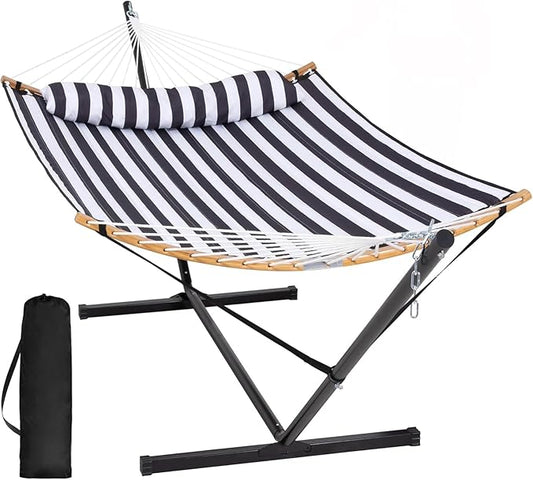 SUNCREAT Hammocks Extra Large Hammock with Stand Included, Double Hammock with Curved Spreader Bar, Black Stripes
