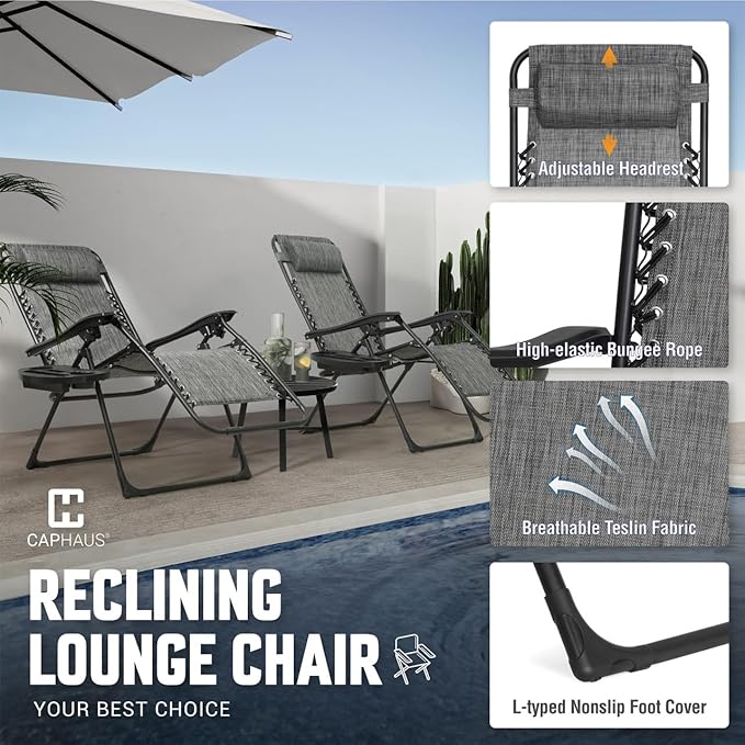 CAPHAUS Set of 2 Grey Zero Gravity Chair, Zero Gravity Recliner, Zero Gravity Lounge Chair, Anti-Gravity Chair for Indoor & Outdoor, Folding Reclining Chair w/Side Tray, Adjustable Pillow, Grey