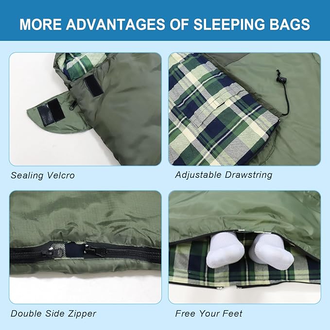 Double Sleeping Bag Flannel for Adults with 2 Pillows 2 Person Sleeping Bags Camping XXL Queen Size Two Person Sleeping Bag for Cold Weather