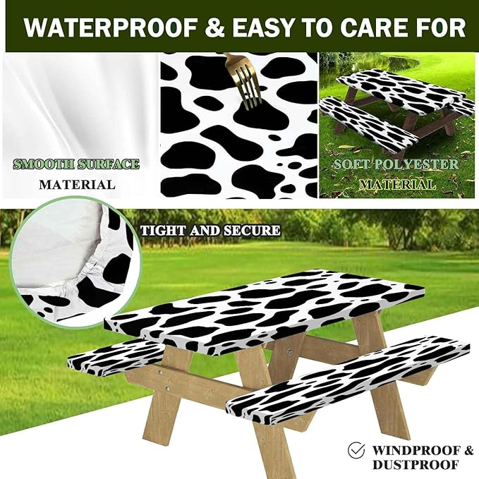 CAPSCEOLL Elastic Picnic Table Cover with Bench Covers 5Ft Waterproof Fitted Picnic Table Cover Cloths for Outdoors Camping Tablecloth with Drawstring Bag, 60X30in, Black White