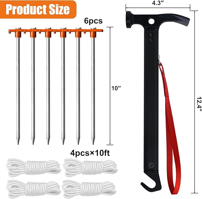 Eurmax USA Hiking Camping Tent Stakes and Hammer Set Lightweight Multi-Function Tent Hammer with Tent Stake Remover,Tent Pegs for Camping, Hiking, Backpacking, Gardening(Orange Stopper Stakes)