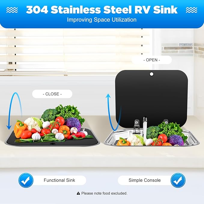 Cafe Bar Kitchen RV Sink with Folding Faucet A and Lid, Stainless Steel Single Bowl Hand Wash Basin Drop In Sink with Cover for Bar Caravan Van RV Camper Motor Home Trailer Accessories