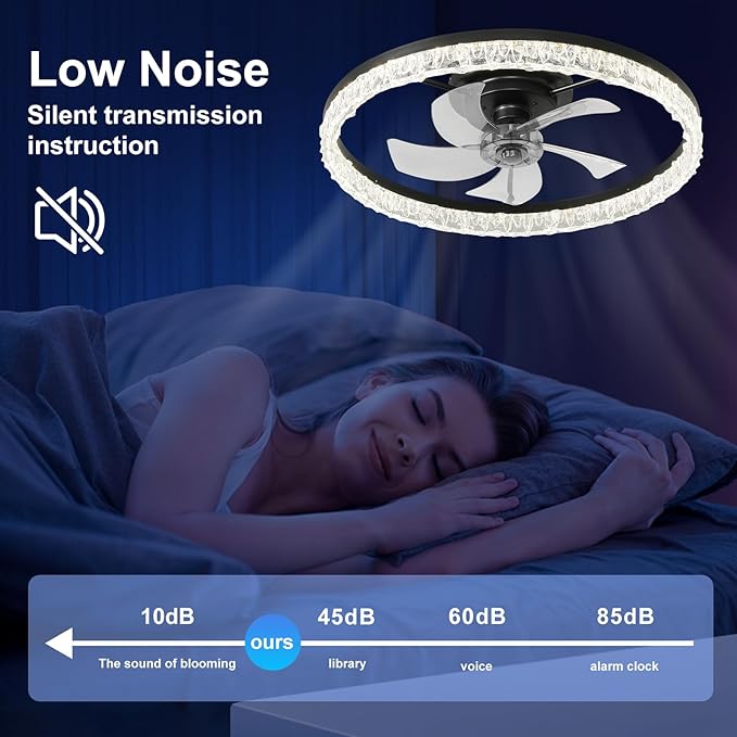 Ceiling Fans with Lights, 24 Inch Ceiling Fan with Light and Remote, Low Profile Reversible Fandelier Ceiling Fan, Dimmable LED, Flush Mount, Low Noise DC Motor, for Bedroom, Kitchen, Office