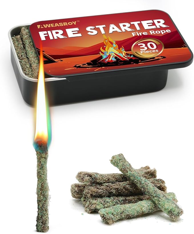 Fire Rope Blue Flame(30-Pack) Windproof Fire Starter, Long-Lasting, Bright Blue Flame Survival Fire Starters - Fast Igniting Fire Rope for Camping
