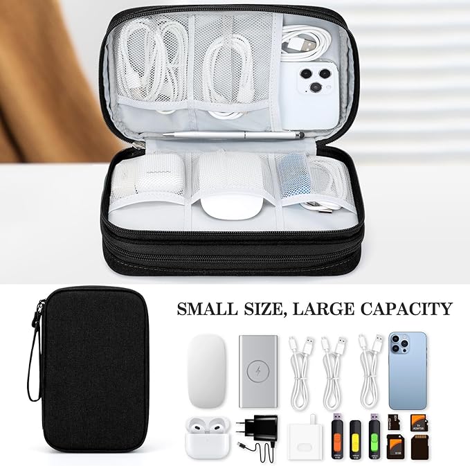 FYY Electronic Organizer, Large Travel Cable Organizer Bag Pouch Electronic Accessories Carry Case Portable Waterproof Double Layers All-in-One Storage Bag for Cable, Cord, Charger, Phone, Black