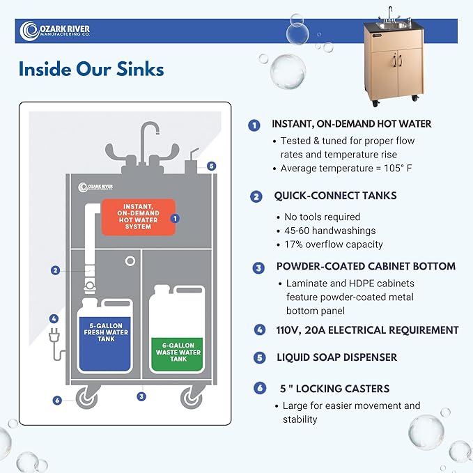 Ozark River Portable Sinks Premier 1, Maple Laminate-Laminate Countertop-Stainless Basin, Self Contained Sink, Hand Washing Station, Portable Sink with Hot Water, Portable Sink Hand Wash Station