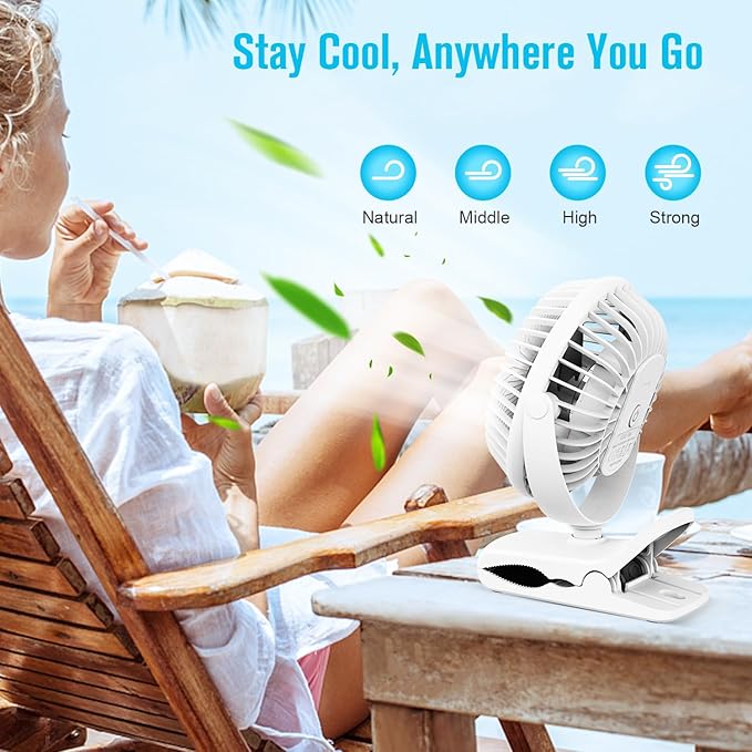 BESKAR Portable Clip on Fan Rechargeable, 4 Speeds Small Battery Operated Fans, USB Desk Fan with Strong Airflow, Sturdy Clamp Fans for Golf Cart Office Outdoor Travel Camping