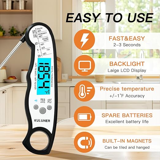 TP-01 Waterproof Digital Instant Read Meat Thermometer with 4.6 Folding Probe Backlight Calibration Function for Cooking Food Candy, BBQ Grill, Liquids,Beef(White)