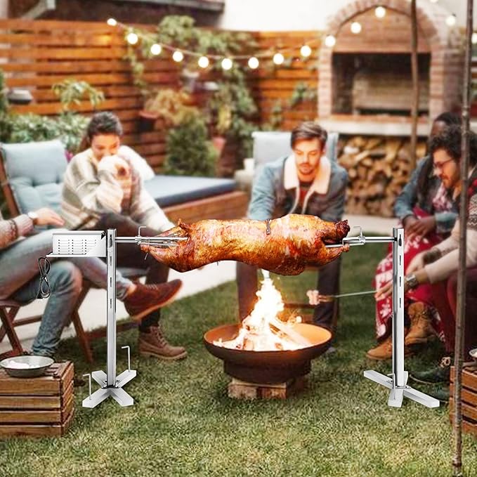 Rotisserie Grill Kit Stainless Steel Tripod Rotisserie Stand, 52inch Pig Lamb Hooded Roaster Charcoal Spit with 30W Motor & Adjustable Height Lockable Casters for Outdoor Camping Party, Rated 150 LB