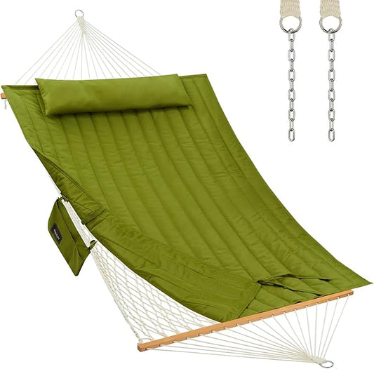 Outdoor Double Hammock with Hardwood Spreader Bars, Large Rope Hammock with Polyester Pad and Pillow, 475 LBS Capacity for 2 Person Patio Backyard Poolside - Green